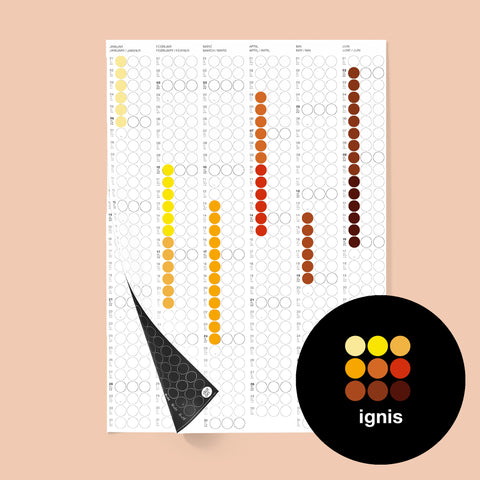 dot on Halbjahresplaner Wandkalender Design auf zwei Seiten mit Klebepunkten im Format 50x69 cm beklebt mit Klebepunkten in warmen Tönen rot gelb weinrot orange hellgelb beidseitig bedruckt schwarze und weiße Seite