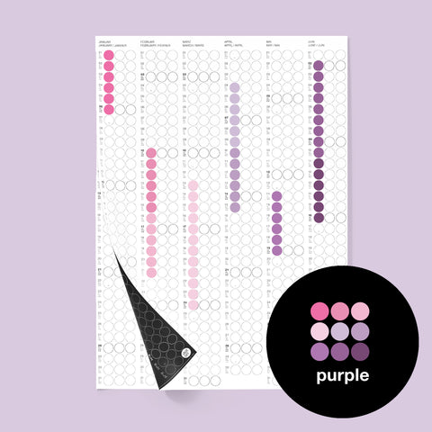 dot on Halbjahresplaner Wandkalender Design auf zwei Seiten mit Klebepunkten im Format 50x69 cm beklebt mit Klebepunkten in purple violett rosa pink flieder lila beidseitig bedruckt schwarze und weiße Seite
