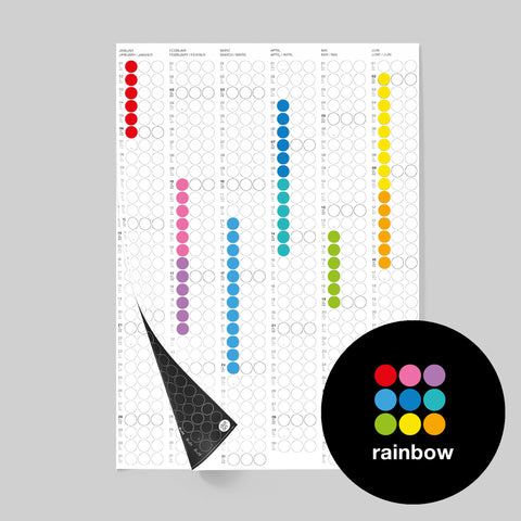 dot on Halbjahresplaner Wandkalender mit Klebepunkten auf zwei Seiten im Hochformat 50x69 cm beklebt mit Klebepunkten in vielen bunten Farben Regenbogen beidseitig bedruckt schwarze und weiße Seite