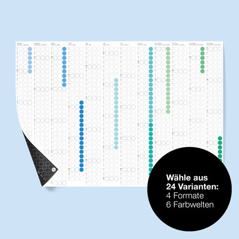 dot on Jahresplaner Wandkalender mit Klebepunkten im Querformat 100x69 cm beklebt mit Klebepunkten in Blautönen beidseitig bedruckt schwarze und weiße Seite