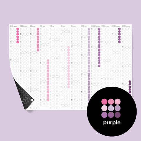 dot on Jahresplaner Wandkalender mit Klebepunkten im Querformat 100x69 cm beklebt mit Klebepunkten in violett rosa lila pink purple beidseitig bedruckt schwarze und weiße Seite