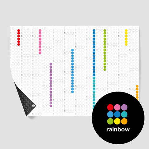 dot on Jahresplaner Wandkalender mit Klebepunkten im Querformat 100x69 cm beklebt mit Klebepunkten in vielen bunten Farben Regenbogen beidseitig bedruckt schwarze und weiße Seite