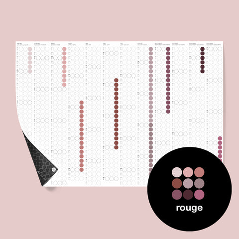 dot on Jahresplaner Wandkalender  Klebepunkten im Querformat 100x69 cm beklebt mit Klebepunkten in Rottönen rose burgund weinrot violett apricot beidseitig bedruckt schwarze und weiße Seite