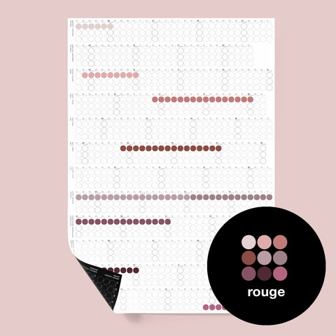 dot on Jahresplaner Wandkalender mit Klebepunkten im Hochformat 69x100 cm beklebt mit Klebepunkten in Rottönen rose burgund weinrot violett apricot beidseitig bedruckt schwarze und weiße Seite