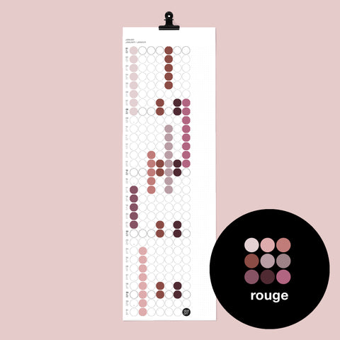 dot on Monatsplaner Wandkalender weiß mit Klebepunkten auf 6 Seiten 23x72 cm mit Metallclip & -klemme beklebt mit Klebepunkten in Rottönen rose burgund weinrot violett apricot beidseitig bedruckt