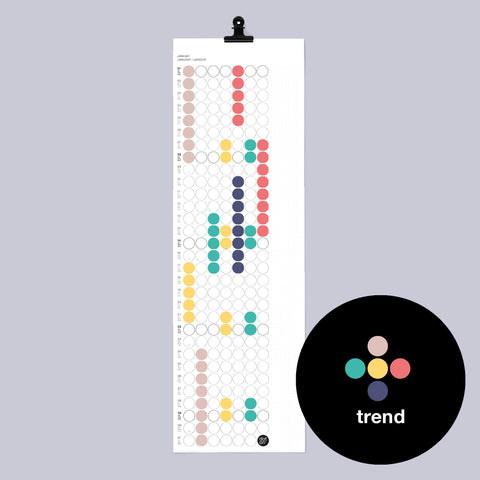 dot on weißer Monatsplaner Wandkalender mit Klebepunkten im Format 23x72 cm beklebt mit Klebepunkten in den Trendfarben 2025 wie gelb, rosa, türkis, dunkelblau, koralle und schwarzer Metallklammer