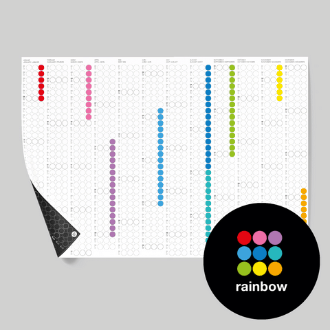 dot on Jahresplaner Wandkalender mit Klebepunkten im Querformat 100x69 cm und Hochfomat 169x100 cm beklebt mit Klebepunkten in vielen bunten Farben Regenbogen beidseitig bedruckt schwarze und weiße Seite